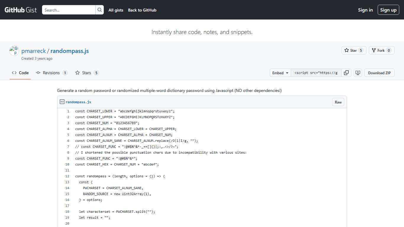 Generate a random password or randomized multiple-word dictionary password using Javascript (NO other dependencies!) · GitHub